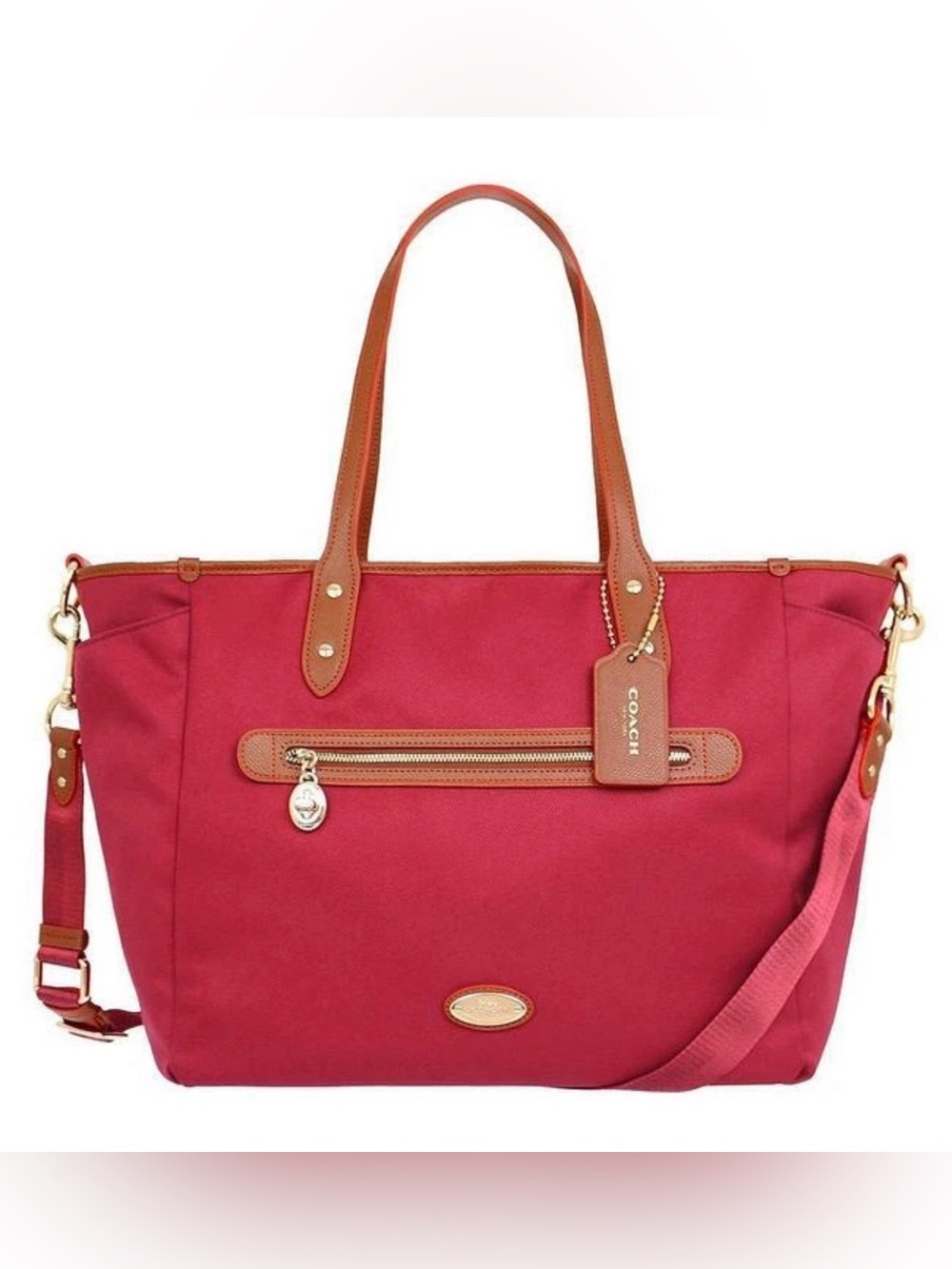 Coach Red Canvas Tote with Brown Leather Trim